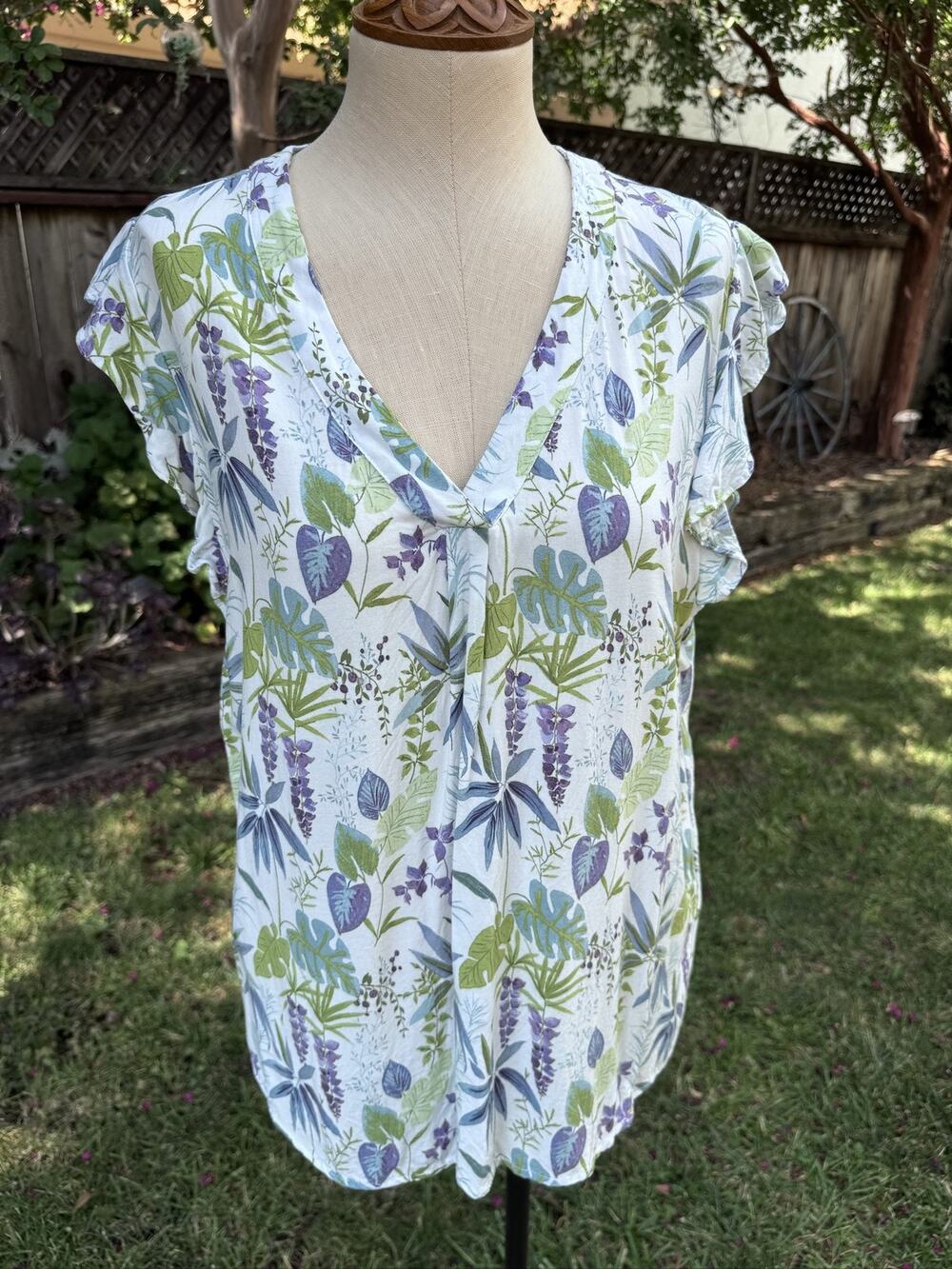 Anne Carson Floral V-Neck Ruffle Sleeve Blouse Women's L Rayon Lightweight